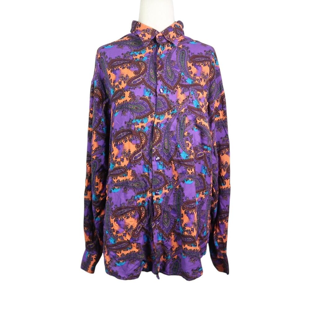 Vintage 90s Policy Purple and Orange Paisley Button Down Top L